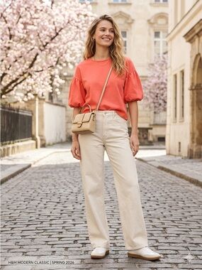 H&M Modern Classic | 100% Cotton Balloon-Sleeve Top in Vibrant Coral EUC